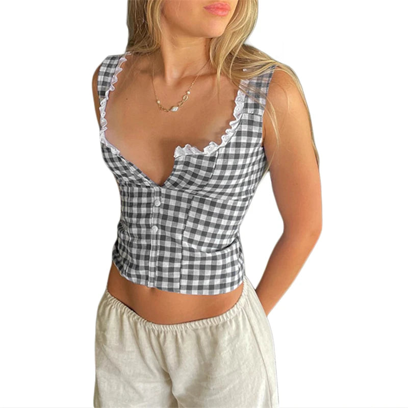 Top corto a cuadros Y2K con estampado estético para mujer, con ribete de encaje, cuello cuadrado, botones, sin mangas, ropa de calle de los años 2000