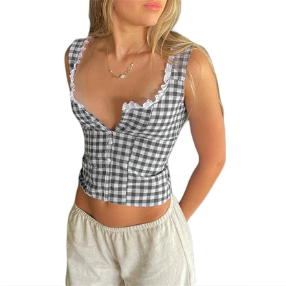Top corto a cuadros Y2K con estampado estético para mujer, con ribete de encaje, cuello cuadrado, botones, sin mangas, ropa de calle de los años 2000