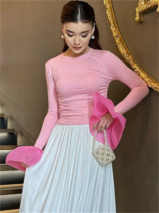 Mesh Ruffled Patchwork T-shirt Top For Women Long Sleeve High Waist Cropped Top Pullover Streetwear Female Slim Y2k Top