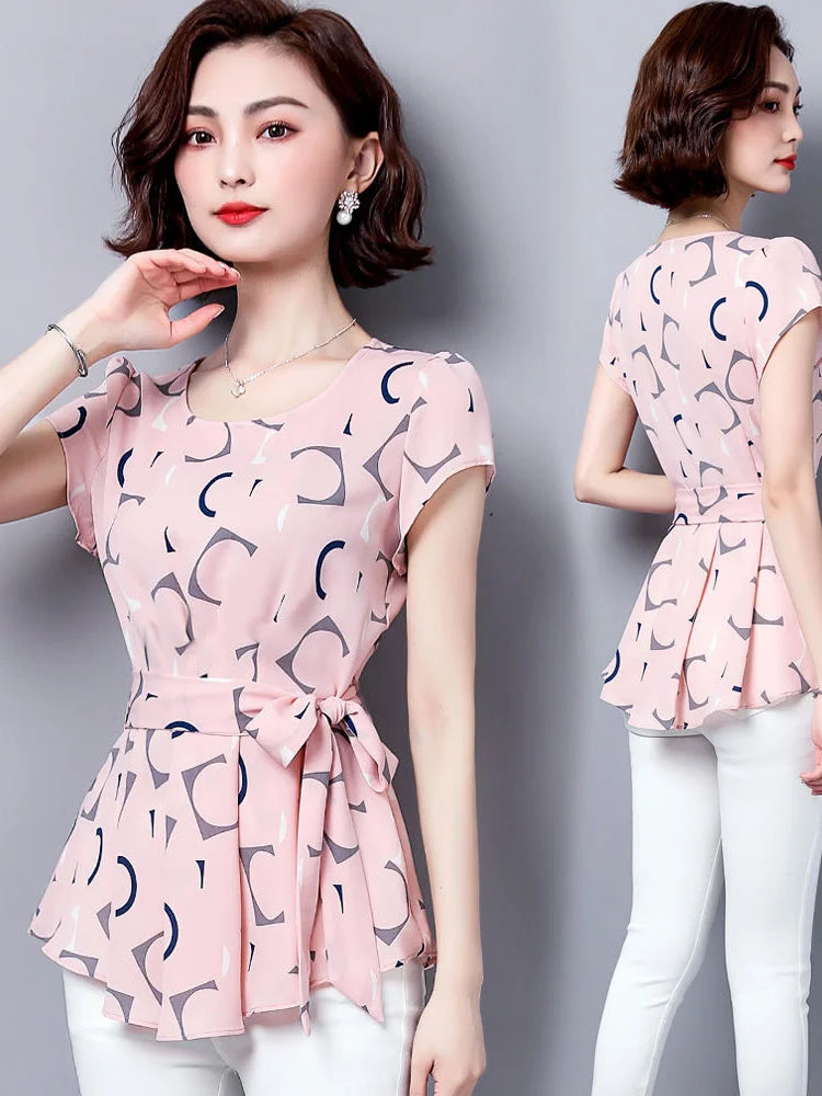Blusas informales de gasa de verano para mujer, camisas de manga corta con cuello redondo y estampado de lunares, DF2824