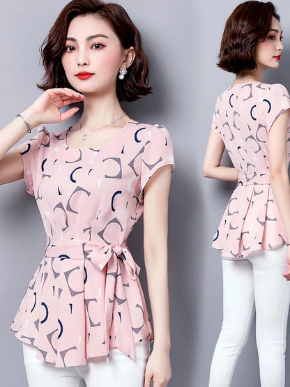 Blusas informales de gasa de verano para mujer, camisas de manga corta con cuello redondo y estampado de lunares, DF2824