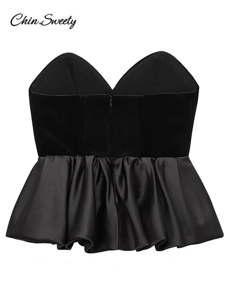 Sexy Off Shoulder Velvet Spliced Tube Top Women Black Backless Strapless Ruched A-line Tank Female 2025 Fashion Lady Party Gown