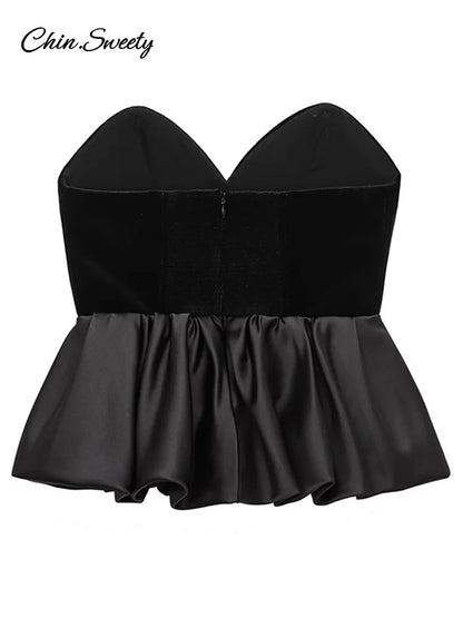 Sexy Off Shoulder Velvet Spliced Tube Top Women Black Backless Strapless Ruched A-line Tank Female 2025 Fashion Lady Party Gown