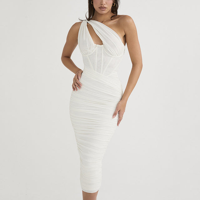 Vestido midi de malla de alta calidad con un hombro al descubierto y espalda descubierta para mujer, vestido largo fruncido sin mangas con agujeros a la moda