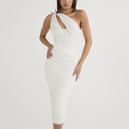 Vestido midi de malla de alta calidad con un hombro al descubierto y espalda descubierta para mujer, vestido largo fruncido sin mangas con agujeros a la moda
