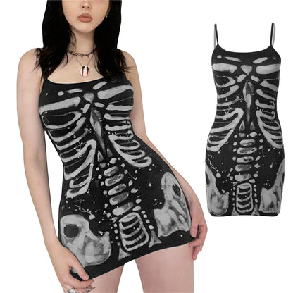 Vestido gótico de verano para mujer, con tirantes finos, sin mangas, estampado de huesos, minivestido Y2K, estilo punk estético