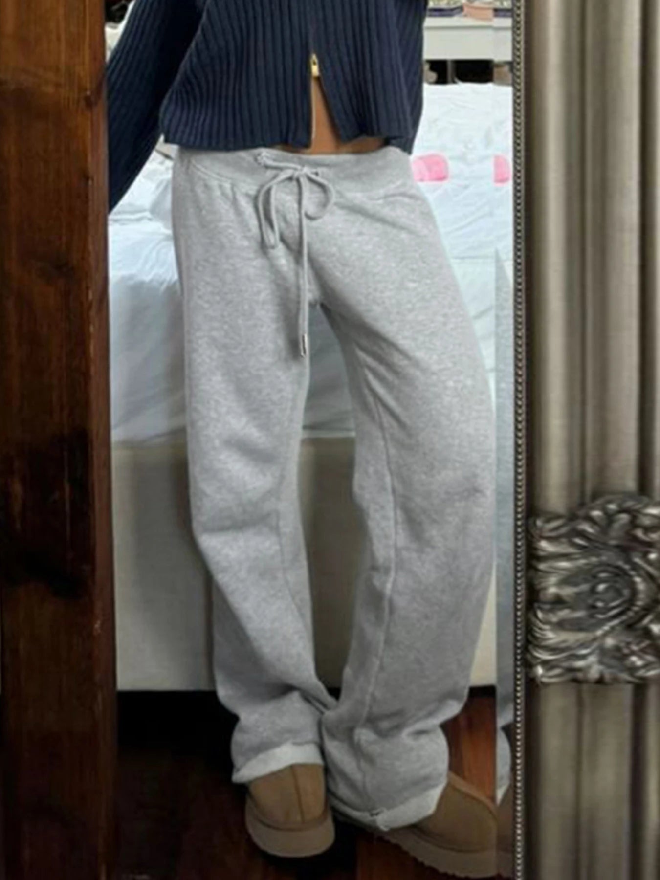 Pantalones deportivos holgados de cintura alta con bolsillos y cordón para mujer, color gris, lisos, básicos, sencillos, de pierna recta, para correr