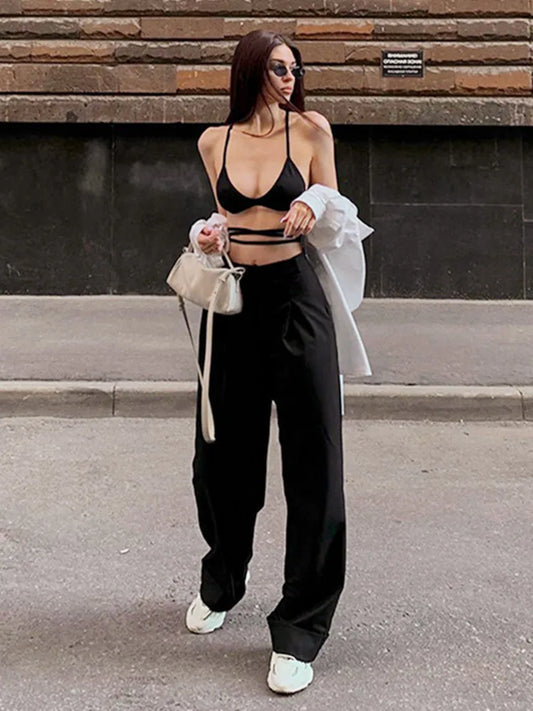 Tops cortos sexis con efecto vendaje y aberturas para mujer, supercortos, accesorios Y2K, camisola negra con tirantes finos, ropa de calle, ropa de mujer