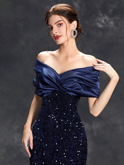 Vestido de noche con escote en V, plisado, con lentejuelas y cola de pez de terciopelo, vestido de baile, vestido de fiesta, vestido de dama de honor