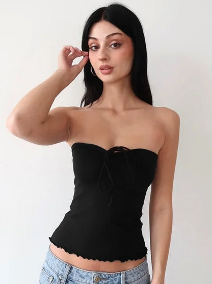 Top de una pieza informal corto con dobladillo enrollado para mujer, moda de verano, top bandeau de color liso, top sexy con cuello de encaje y sin mangas.