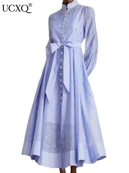 Elegante vestido largo estilo británico, moda, con abalorios, diseño de un solo pecho, temperamento suave, vestidos para mujer primavera otoño 2025