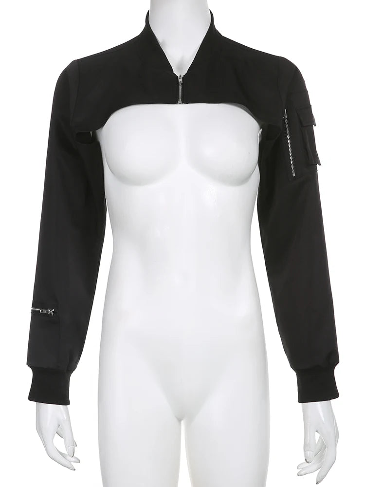 Super-short Black Jacket Zipper Long Sleeve Harajuku Cropped Tshirt Gothic Techwear Fashion Korean Tee Punk Street