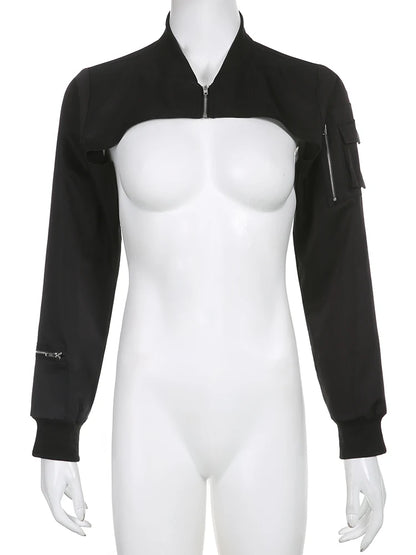 Super-short Black Jacket Zipper Long Sleeve Harajuku Cropped Tshirt Gothic Techwear Fashion Korean Tee Punk Street