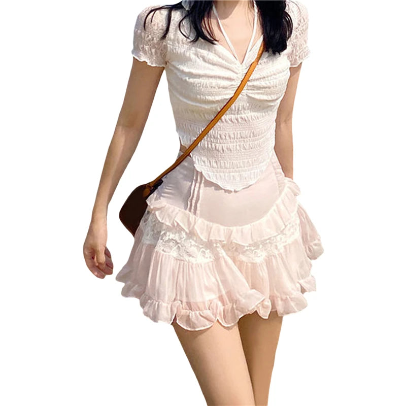 Kawaii Skirts Women Sweet Lolita Lace Patchwork High Waist Ruffle Hem A Line Pleated Skirts y2k Grunge Skirt Streetwear