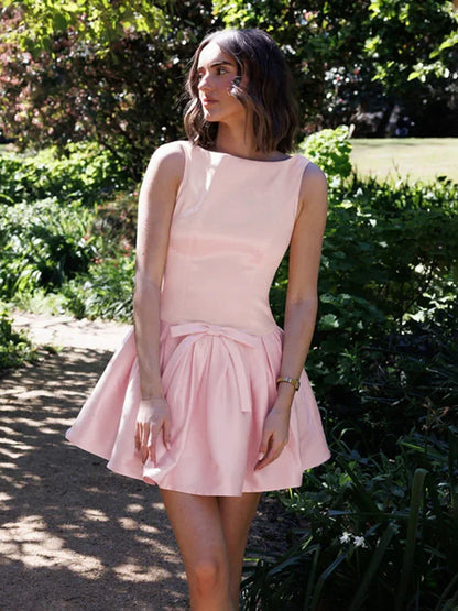 Vestido sexy ajustado sin mangas con lazos para mujer, vestido mini con pliegues y empalme sin espalda, elegante vestido de fiesta de cumpleaños de cintura alta.
