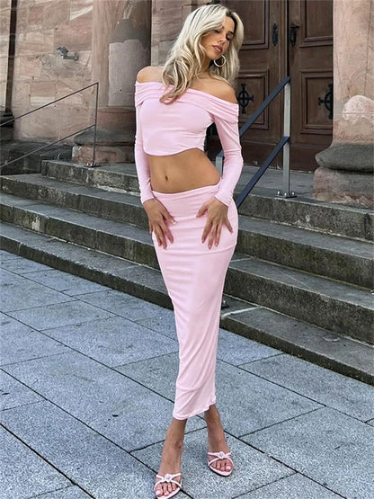 Conjunto informal de dos piezas con hombros descubiertos y falda larga para mujer, con retazos, jersey de manga larga y falda larga, conjuntos para mujer.