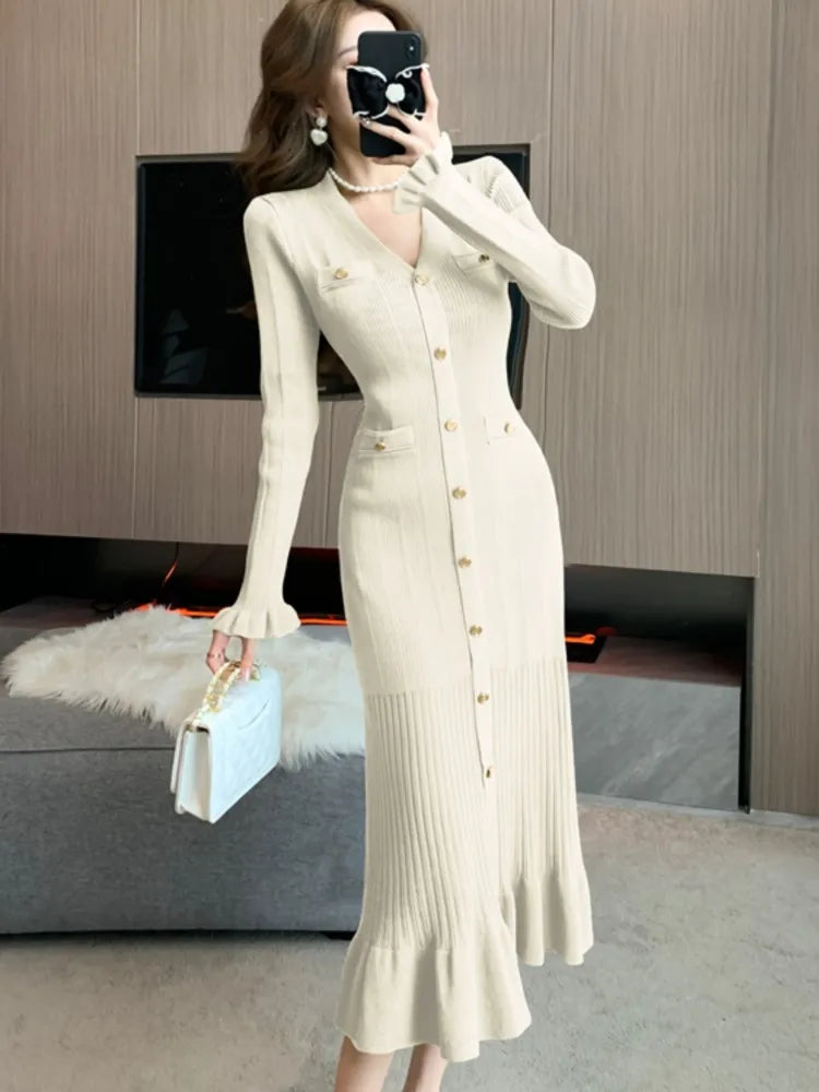 Vestidos de punto lisos de otoño para mujer, elegantes vestidos de oficina informales con mangas acampanadas, dobladillo con volantes y botonadura sencilla