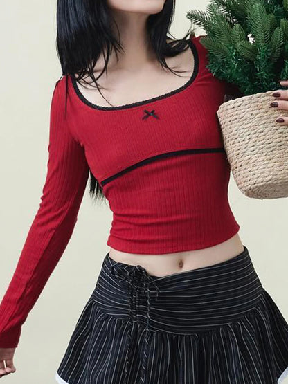 Blusas navideñas de manga larga con cuello cuadrado y ribete de encaje para mujer, bonitas y con un toque festivo.