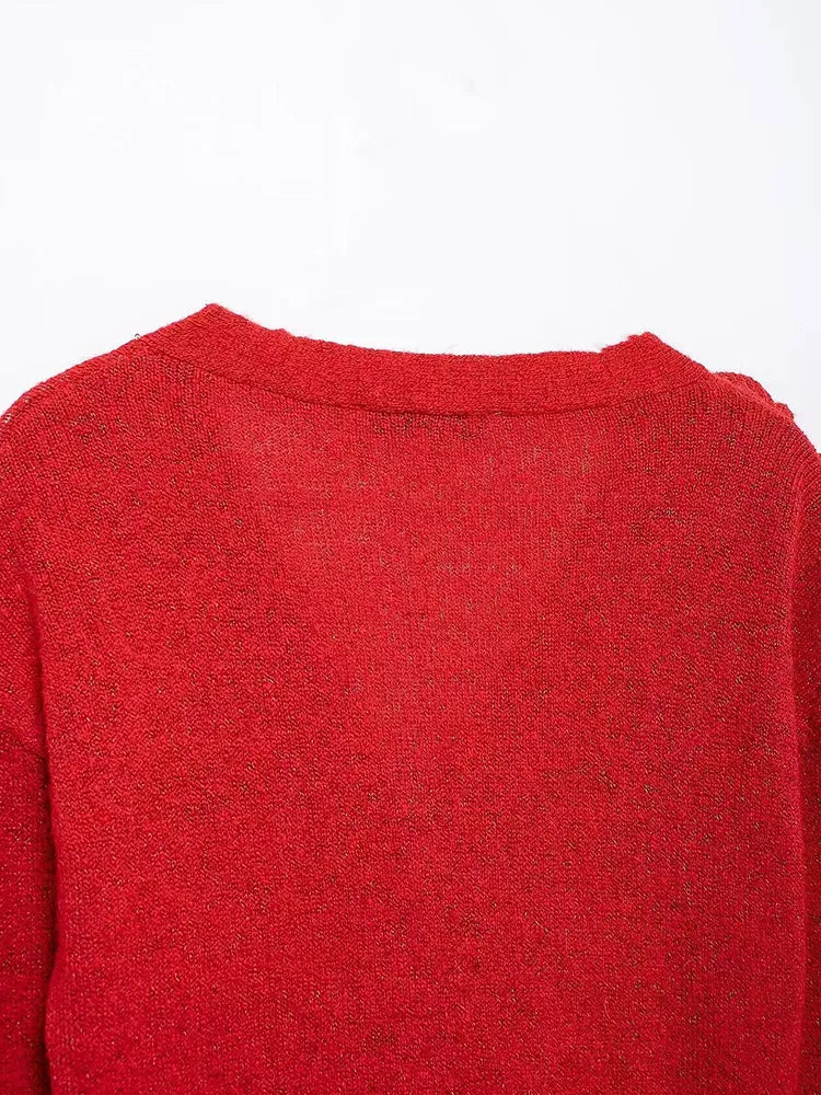 Vintage Knitted 3D Flowers Cardigan Women Retro Solid V-neck Slim Long Sleeve Short Sweaters Female Spring Chic Street Knitwear