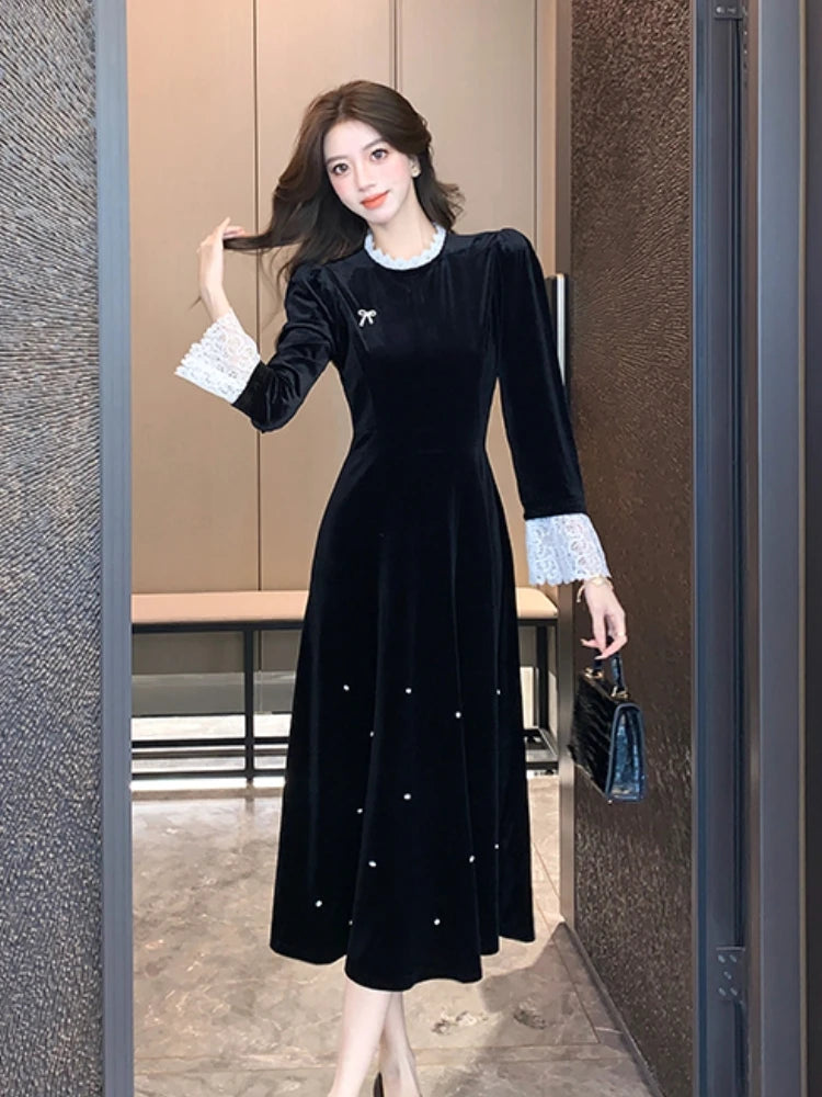 Mujer Primavera Verano Nuevo Elegante Terciopelo Patchwork Midi A Line Vestidos Manga Larga Dama Fiesta Moda Una Pieza Bata