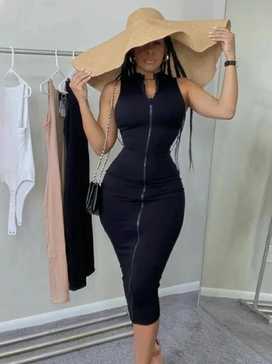 Vestido de noche sexy para mujer, ropa de club sexy, de una pieza, estética, sin mangas, ajustado, con cremallera, ropa de calle negra