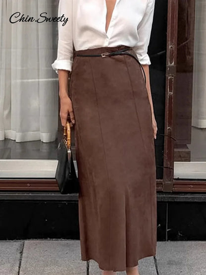Faldas vintage de gamuza marrón para mujer, faldas plisadas ajustadas con cremallera para oficina, elegantes, de cintura alta, para fiesta, nuevas