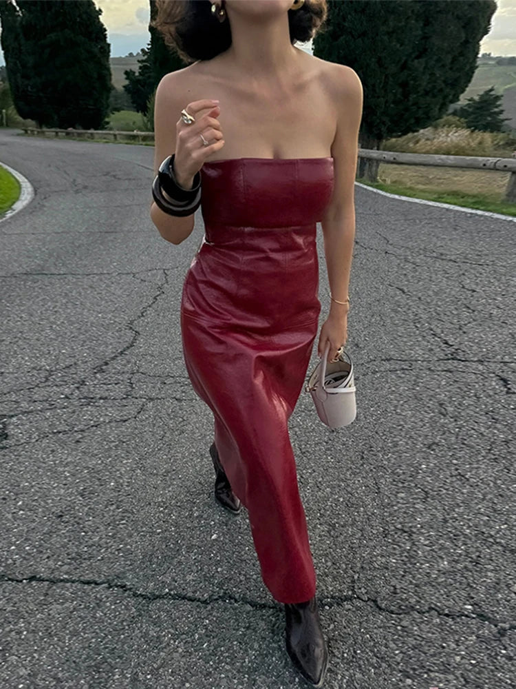 Conjunto de vestido tubo de cuero sintético para mujer, abrigo y traje, estilo vintage, liso, ajustado, largo, con solapa y chaqueta, elegantes conjuntos de calle.