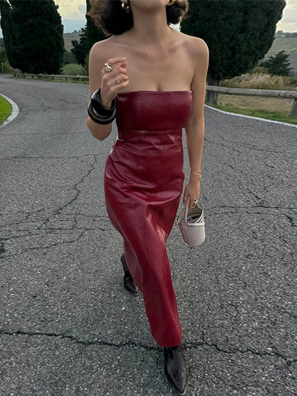 Conjunto de vestido tubo de cuero sintético para mujer, abrigo y traje, estilo vintage, liso, ajustado, largo, con solapa y chaqueta, elegantes conjuntos de calle.
