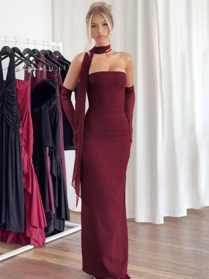Vestido largo sexy sin tirantes y espalda descubierta para mujer, color burdeos, con mangas de malla y hombros descubiertos, ajustado, para fiesta de noche y club.