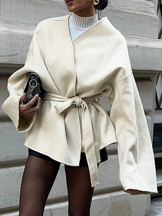 Abrigo elegante de lana de manga larga con cinturón para mujer, holgado, informal, con cuello en V, liso, corto, vintage, grueso y cálido, para otoño