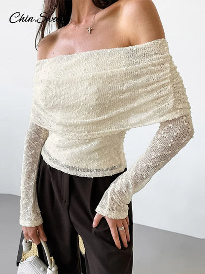 Camisa elegante con hombros descubiertos para mujer, de punto, lisa, de manga larga, sin espalda, ajustada, para oficina, primavera y verano de 2025.