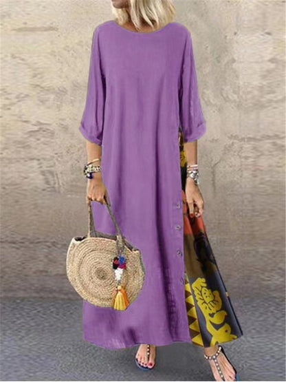 Vestidos largos vintage de lino y algodón para mujer, mangas tres cuartos, estampado empalmado, holgados, línea A, moda informal, maxivestido para mujer