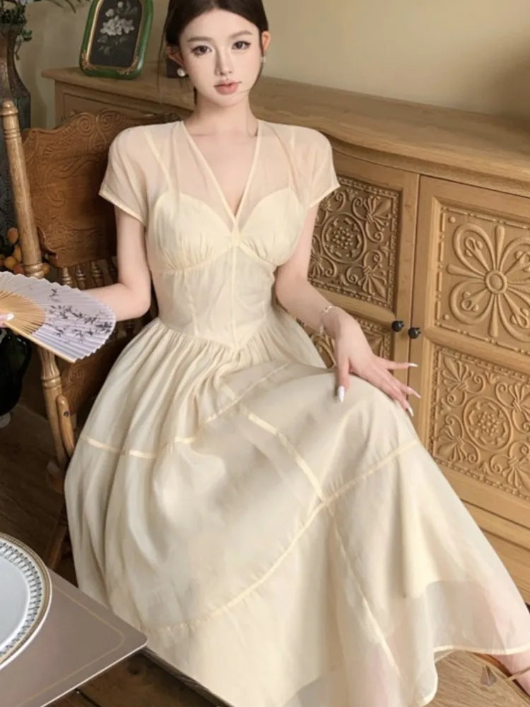 Vestidos largos elegantes para mujer, cuello en V, corte A, vestido de fiesta de cumpleaños, francés, informal, cintura alta, verano, nuevo, baile de graduación, vestidos retro para mujer