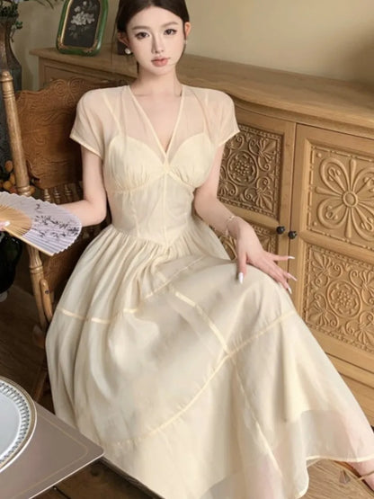 Vestidos largos elegantes para mujer, cuello en V, corte A, vestido de fiesta de cumpleaños, francés, informal, cintura alta, verano, nuevo, baile de graduación, vestidos retro para mujer