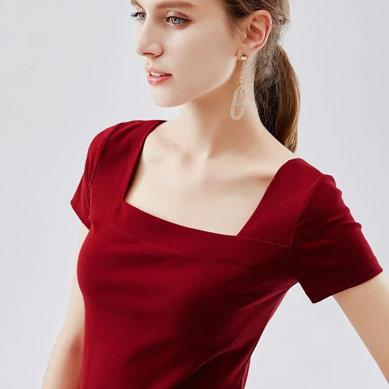 Blusas de algodón para mujer, estilo primavera-verano, informales, de manga corta, cuello cuadrado, lisas y holgadas, DF3492