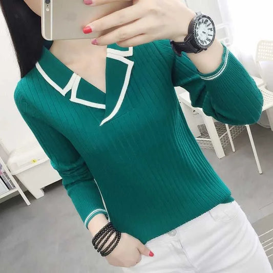 Suéter de punto estilo otoño-invierno para mujer, top informal con cuello en V, DF4922