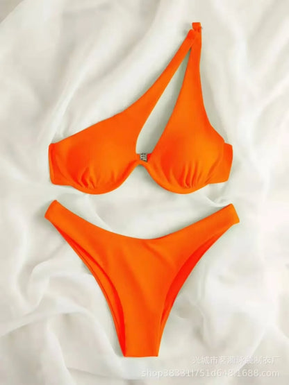 Luxury Two Pieces Solid Patchwork Underwire Push Up One Shoulder Cut Out Beachwear Swimwear Biqunis Brazilian Thong Bikini