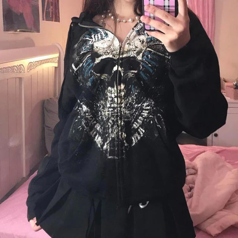 Sudadera con capucha y cremallera con estampado gráfico indie grunge, ropa vintage Y2K, sudadera holgada estilo Harajuku grunge, chaqueta emo estilo coreano kawaii gótico de centro comercial