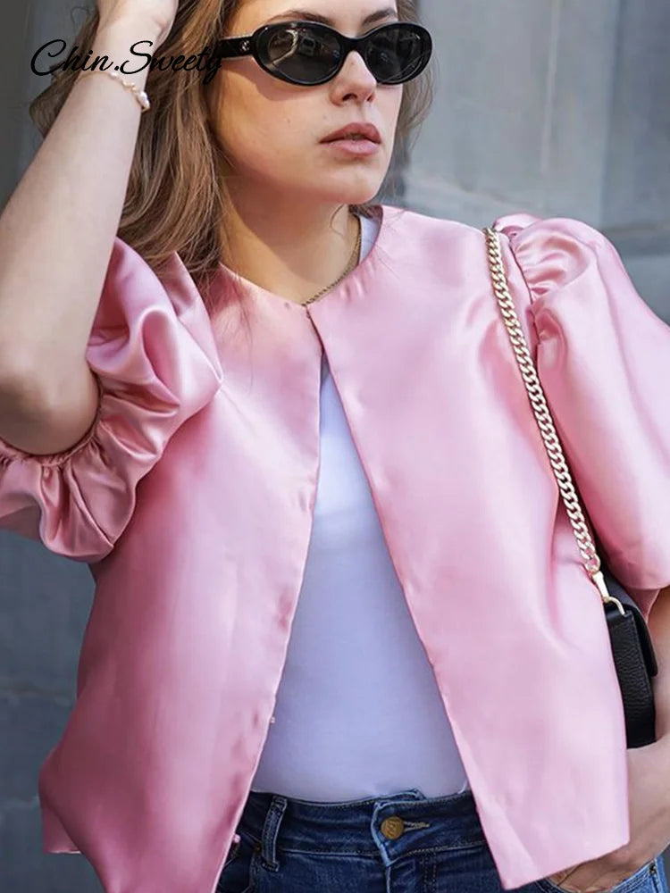 Elegant Satin Puff Short Sleeve Top Women Loose Solid Buckle O-neck Shirts Female 2025 Spring Summer Fashion Office Lady Outwear