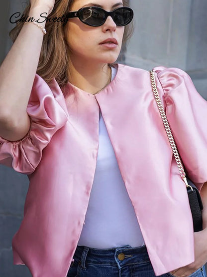 Elegant Satin Puff Short Sleeve Top Women Loose Solid Buckle O-neck Shirts Female 2025 Spring Summer Fashion Office Lady Outwear