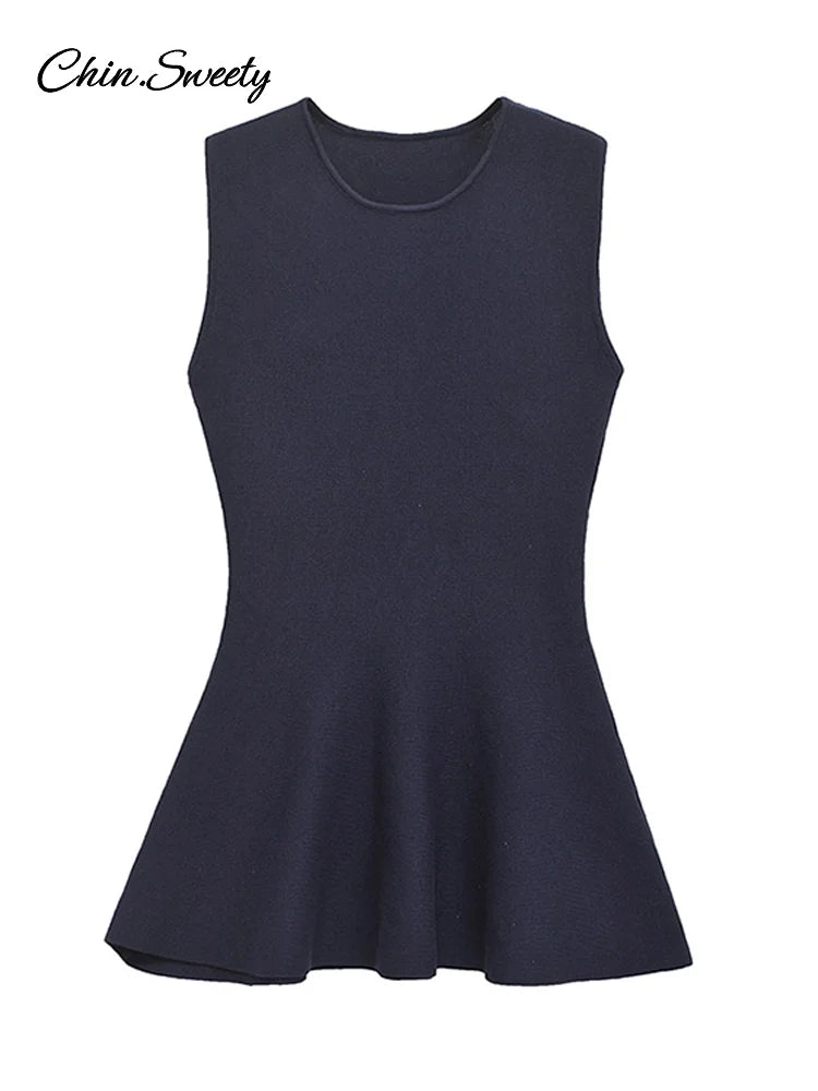 Conjunto elegante de dos piezas de pantalón de punto con cuello redondo, sin mangas, con volantes en los bajos, cintura alta, elástico, para dama, nuevo en trajes a juego.