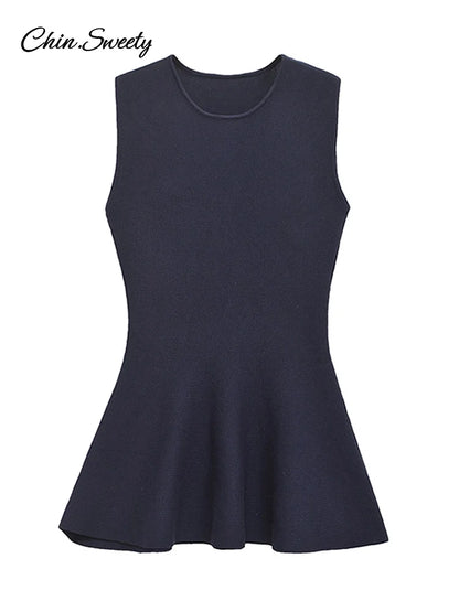 Conjunto elegante de dos piezas de pantalón de punto con cuello redondo, sin mangas, con volantes en los bajos, cintura alta, elástico, para dama, nuevo en trajes a juego.