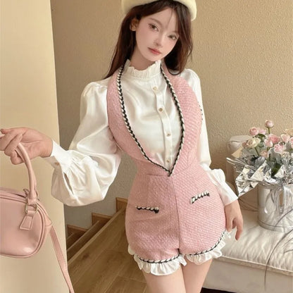 French Vintage Two-piece Set Women Solid Ruffles O-neck Shirt Tweed Halter Short Overalls Elegant Fashion Autumn Y2K Outfits New