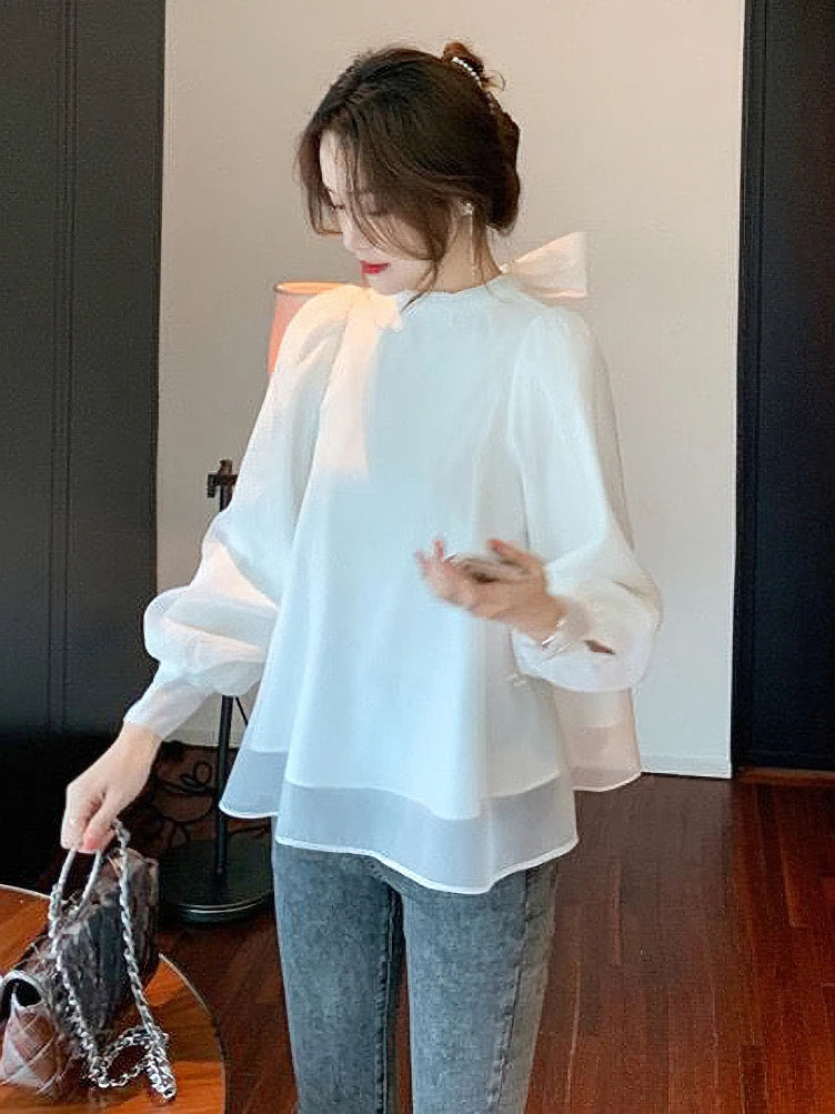 Blusa elegante de gasa de manga larga abullonada con lazos para mujer, estilo vintage de palacio, camisa básica de lujo para mujer.