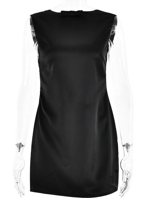 Fashion Sleeveless Satin Dress For Women Bodycon Open Back Bow Short Skirt Sexy Female Party Club Evening Dress Vestidos