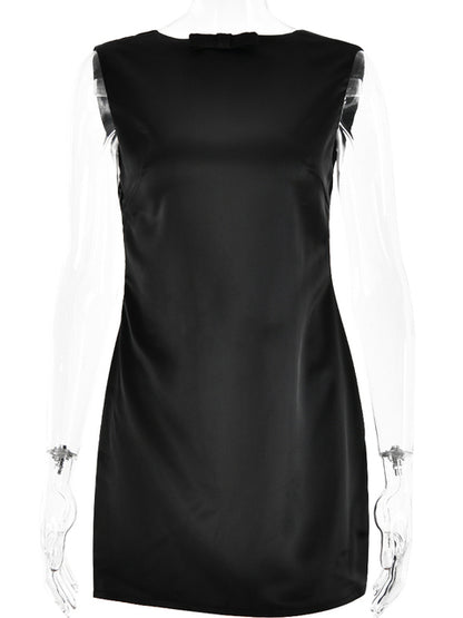 Fashion Sleeveless Satin Dress For Women Bodycon Open Back Bow Short Skirt Sexy Female Party Club Evening Dress Vestidos