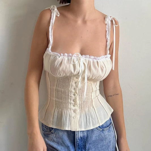 Fairy Cottage Y2K Crop Tops Kawaii Cintas Lazo Ribete de Encaje Camisola Escote Bajo Botones Chaleco Ajustado Estilo Vintage de los 90 para Mujer