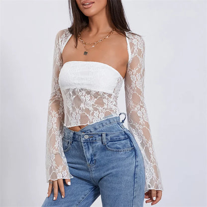 Top de tubo con bolero para mujer, sexy, transparente, sin tirantes, bandeau, chaleco y manga larga, ropa de encaje para fiesta y club.