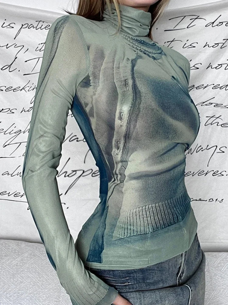 Camisas de moda de verano para mujer, blusa sexy ajustada de manga larga con cuello alto Y2k, ropa informal de malla con estampado de patchwork, ropa de calle para mujer