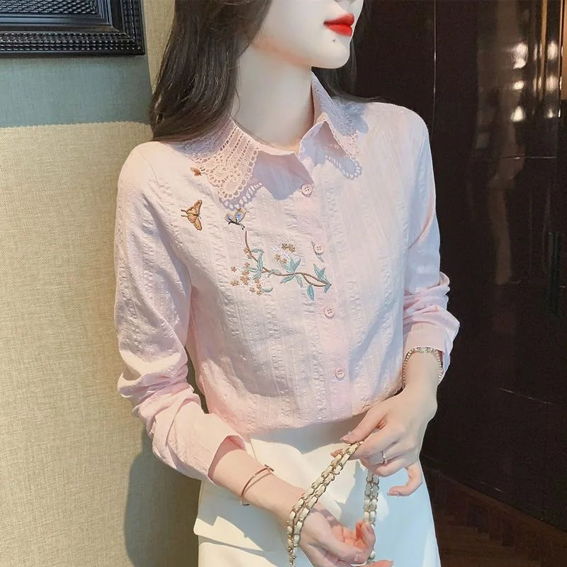 Blusas bordadas para mujer, primavera y otoño, informales, de manga larga, con cuello vuelto, de color liso, DF4775